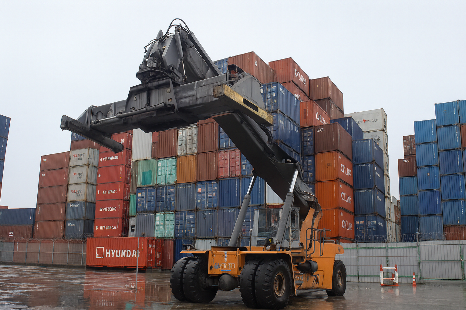 Karmar reach truck in container yard.